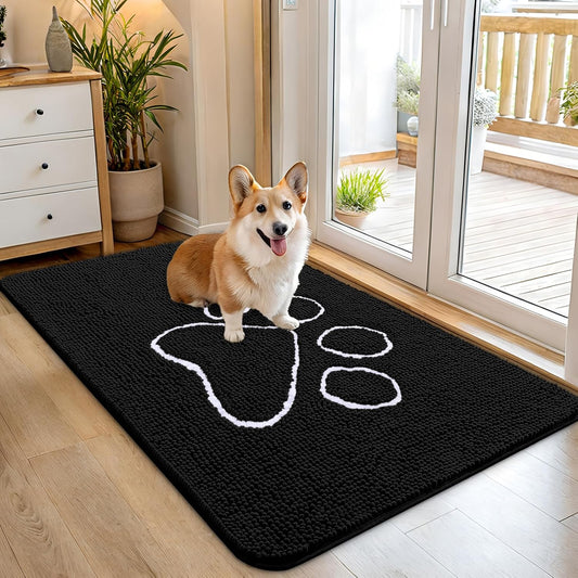 OLANLY Dog Door Mat - Absorbent Non-Slip Mud Mat for Paws | 45x27 Inches, Quick Dry Chenille, Black