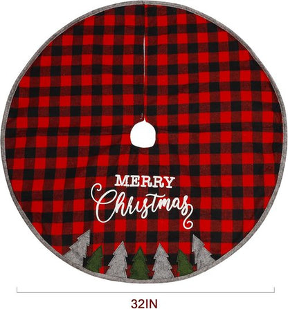 Juegoal 32-Inch Christmas Tree Skirt - Soft Red and Black Plaid Mat for Holiday Decor