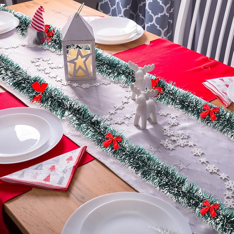 150ft Christmas Tinsel Garland with 114 Red Bows - Dark Green, Variation: Dark Green+114+150ft