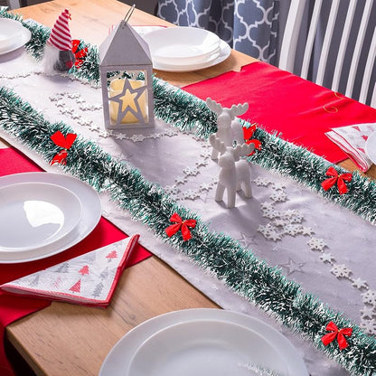 150ft Christmas Tinsel Garland with 114 Red Bows - Dark Green, Variation: Dark Green+114+150ft
