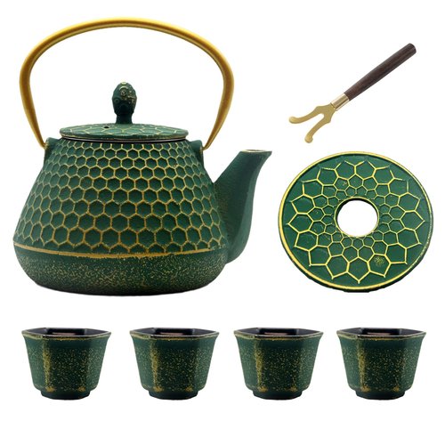 Cast Iron Tea Kettle Set, 33.8oz Hexagon Pattern Teapot Set with Cups, Teapot Coated with Enameled Interior, Durable Cast Iron Teapot Set with Stainless Steel Infuser
