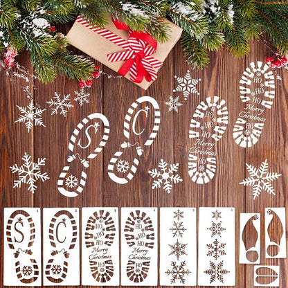 FOIMAS Christmas Santa Footprint Stencil Set - 9 Large Elf Footprints & Snowflake Templates for Holiday Crafts
