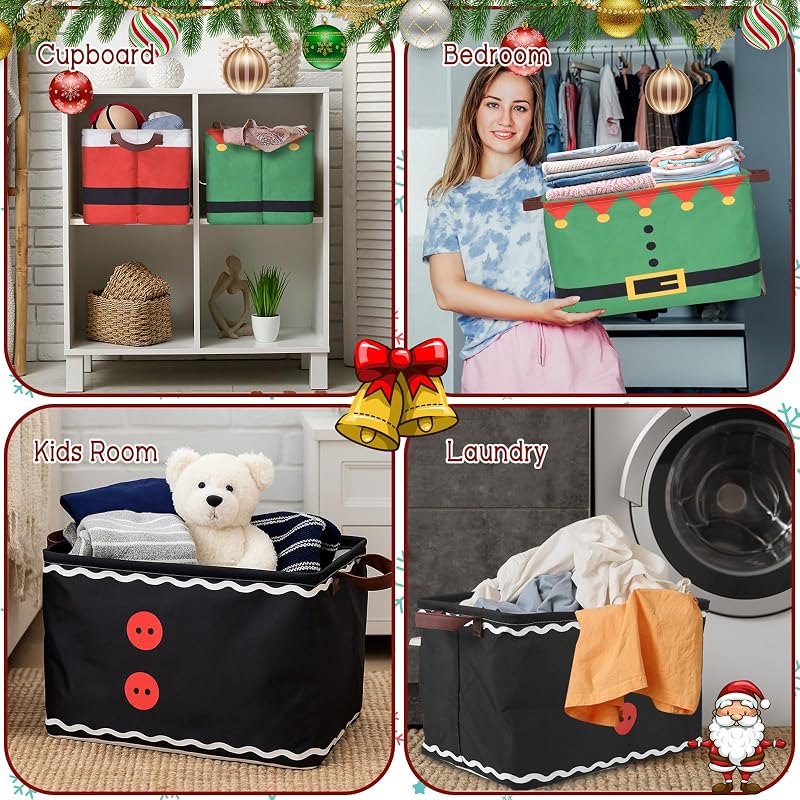 3 Pack Christmas Storage Baskets Collapsible Canvas - Santa Suit Variation