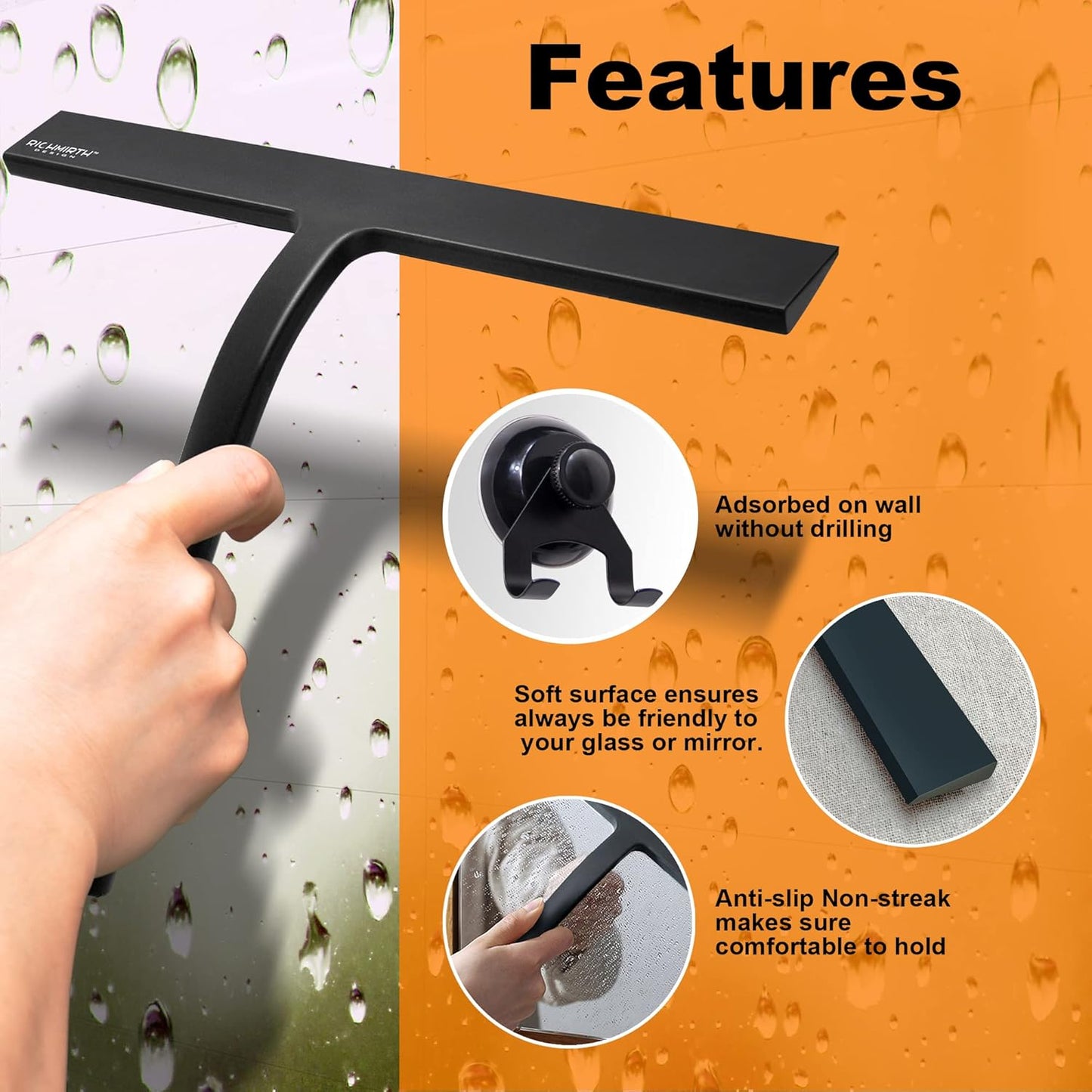 Shower Squeegee - 10-Inch All-Purpose Glass & Tile Cleaner with Suction Cup Hooks | Black
