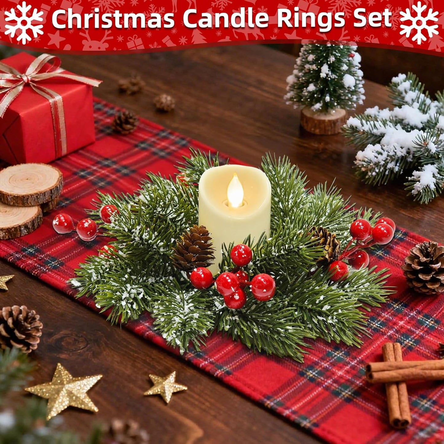 Skiennix 4-Piece Christmas Candle Rings - Flocked Pine & Red Berry Decor for Holiday Centerpieces