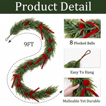 9ft Christmas Cedar Garland with Ornaments for Mantel & Fireplace — Realistic Artificial Norfolk Pine Cedar Garlands