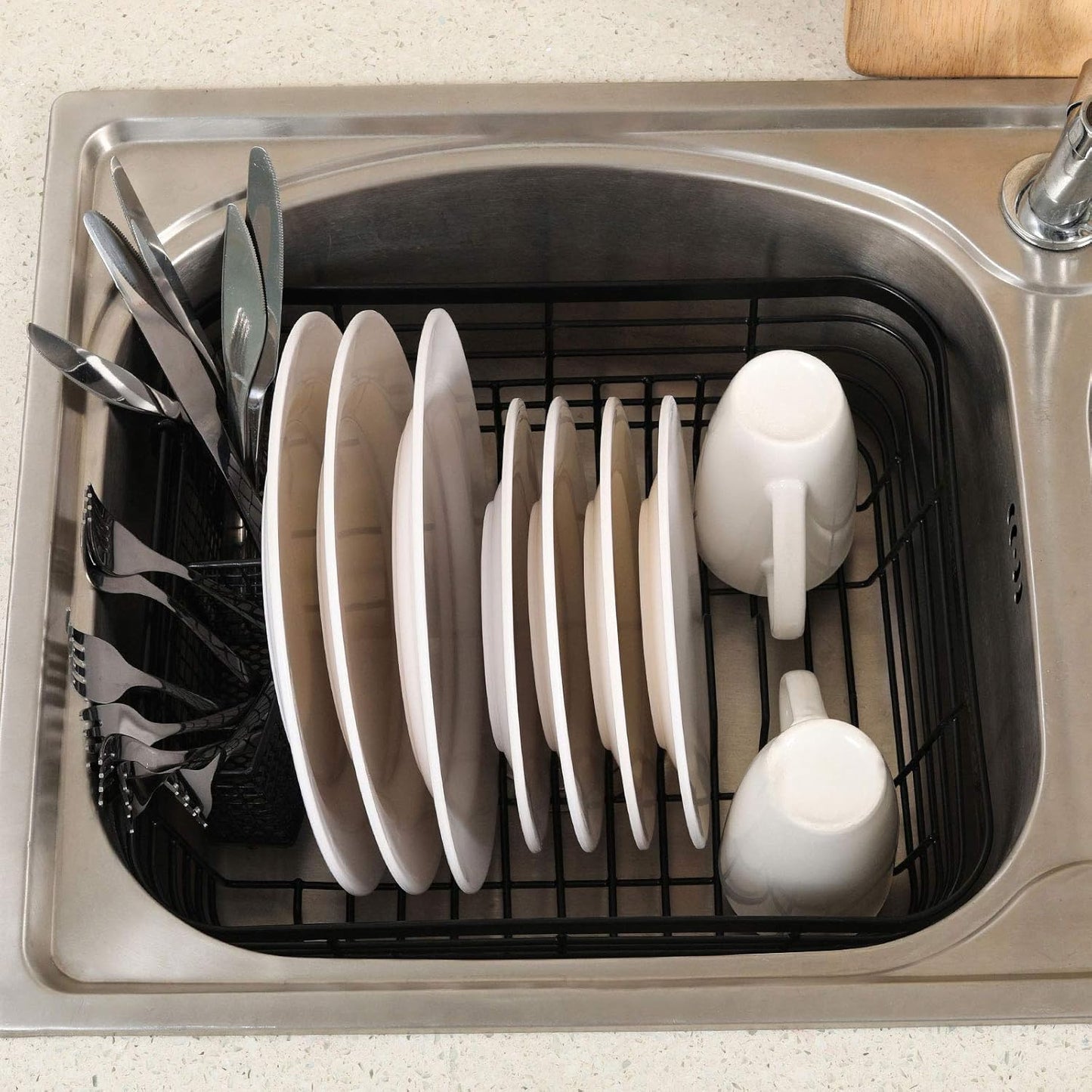 TQVAI Kitchen Dish Drainer Rack - Includes Drying Board & Full-Mesh Utensils Holder | Black Finish