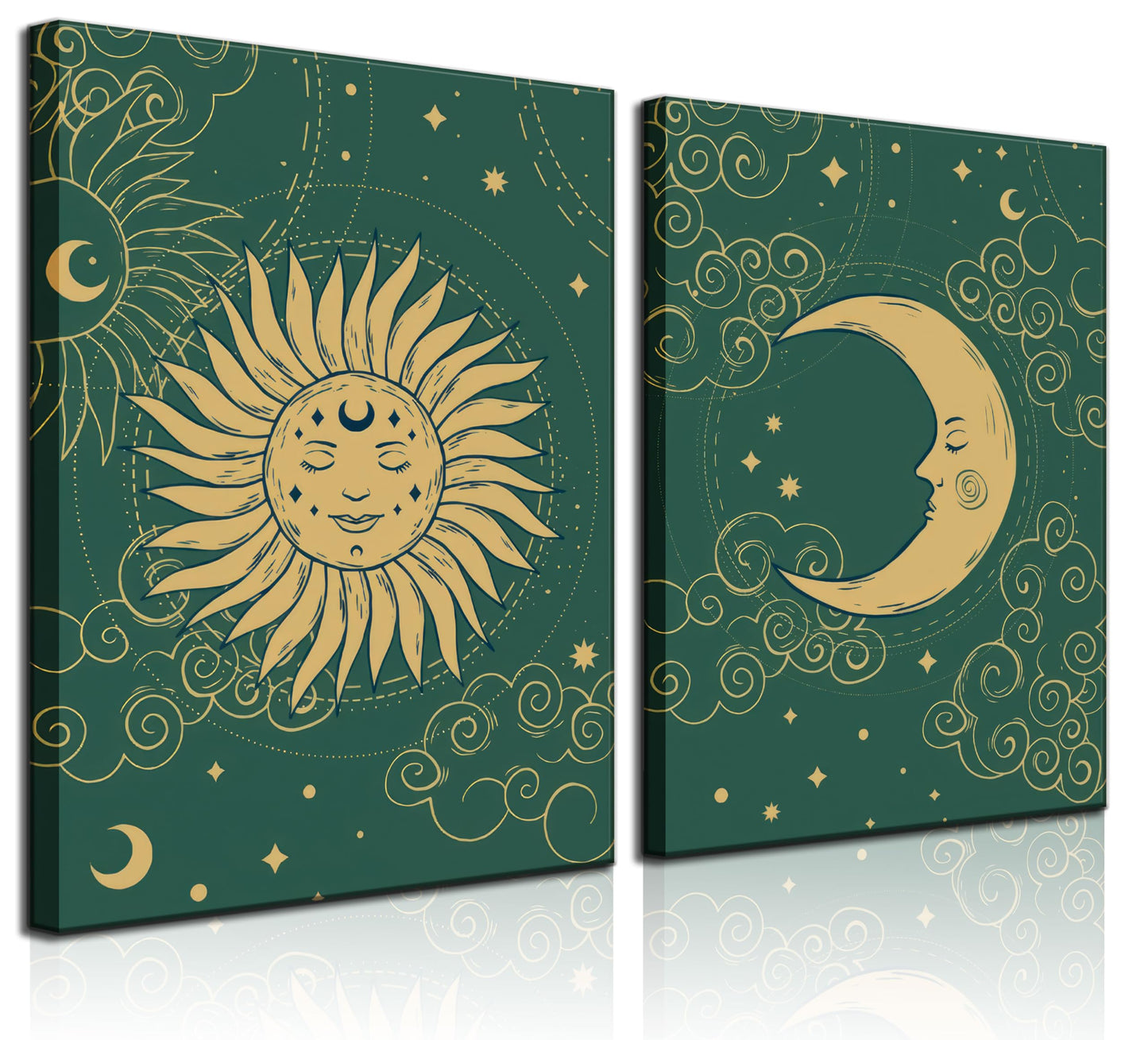 2pcs Fantastic Celestial Sun and Moon Wall Art Pictures, Astrology Posters Prints, Gold and Green Canvas Paintings, Tarot Cards Bohemian Wall Decor Medieval European Bedroom Decor, Living Room