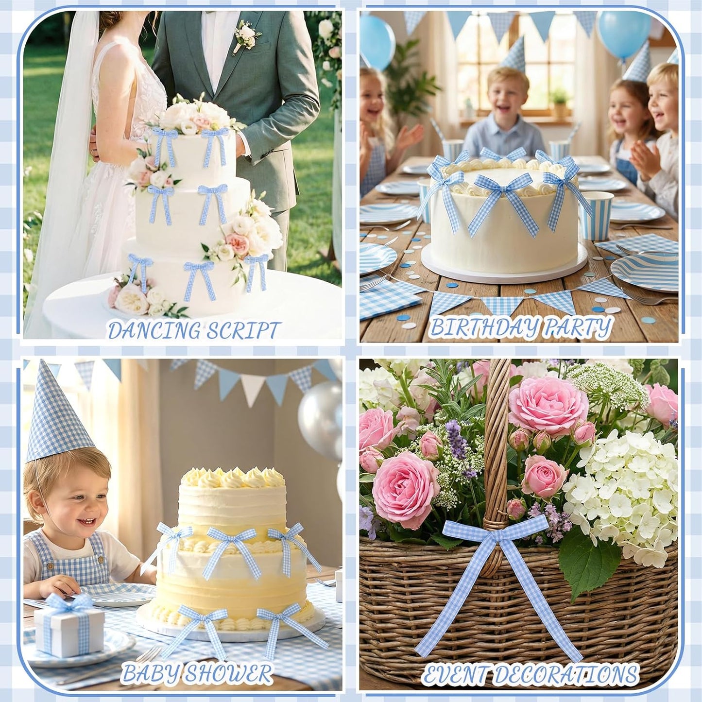 Skiennix 30 Pack Bow Cake Toppers - Blue Gingham Ribbons for Birthday & Baby Shower Decor