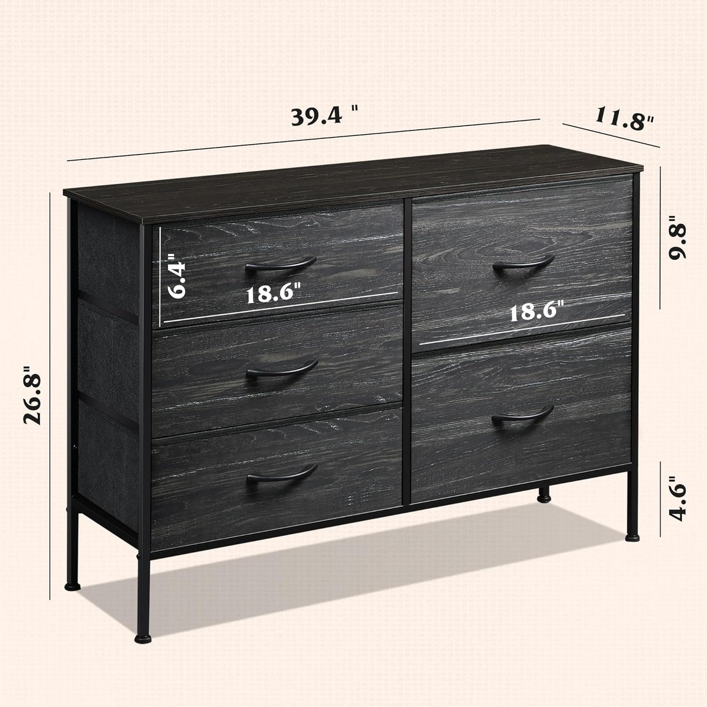 WLIVE Dresser - 5 Drawer Chest with Organizers | Stylish Fabric Storage for Bedroom & Living Room - Charcoal Black