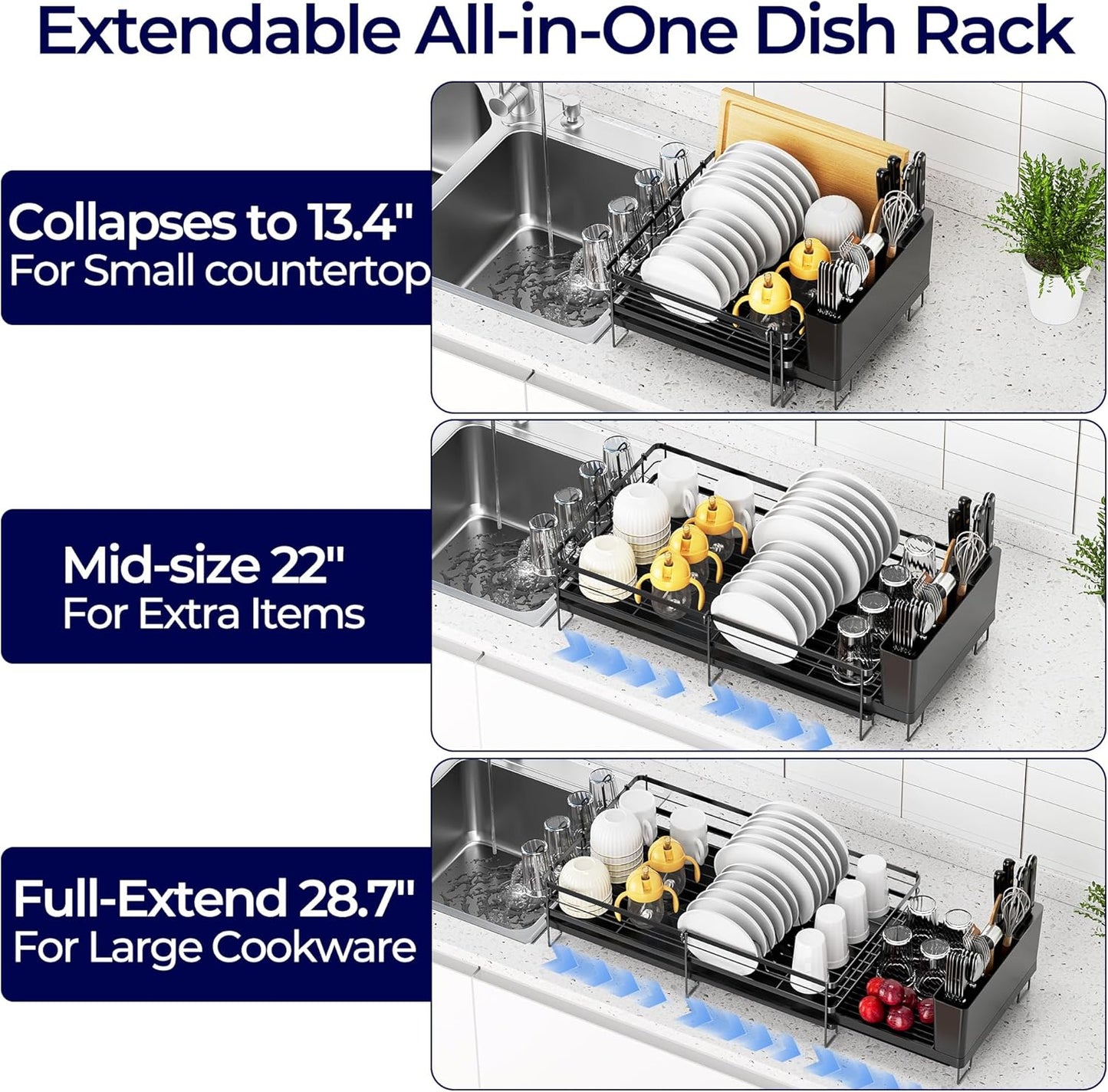 Skiennix Large Dish Drying Rack - Expandable Kitchen Counter Drainer with Utensil & Cup Holder | 13.4"-28.7" L x 11.8" W