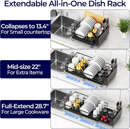 Skiennix Large Dish Drying Rack - Expandable Kitchen Counter Drainer with Utensil & Cup Holder | 13.4"-28.7" L x 11.8" W