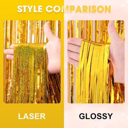 Voircoloria Laser Gold Foil Fringe Backdrop Curtains - 3 Pack Tinsel Streamers for Parties | 3.3 x 8.2 ft