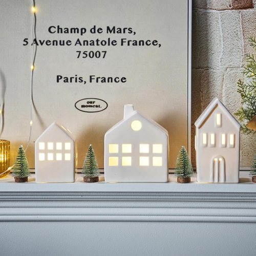 **Ceramic Christmas Village Houses - 3-Piece Light Up Winter Decor Set with Trees | Tabletop Centerpiece**