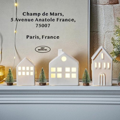 **Ceramic Christmas Village Houses - 3-Piece Light Up Winter Decor Set with Trees | Tabletop Centerpiece**