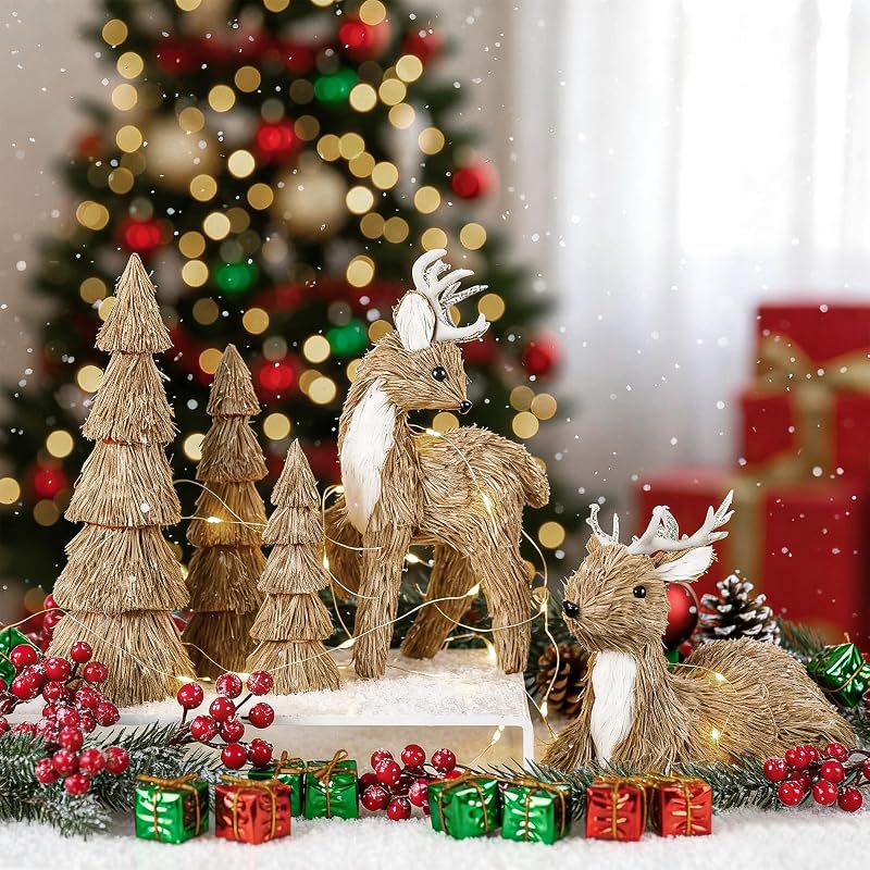 5 Pcs Christmas Reindeer and Mini Tree Centerpieces Set