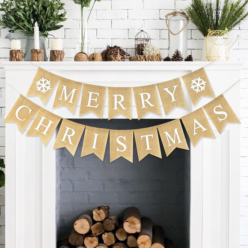 Merry Christmas Burlap Banner Set - 16 Pcs Pre-Assembled Snowflake Garlands