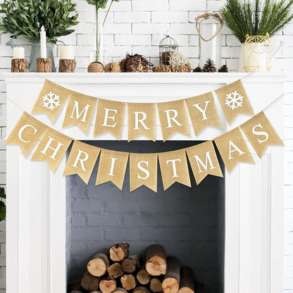 Merry Christmas Burlap Banner Set - 16 Pcs Pre-Assembled Snowflake Garlands