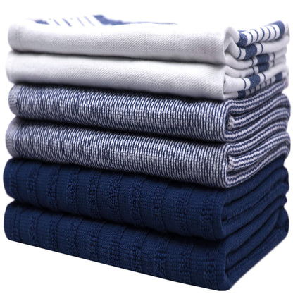 Premium Kitchen Towels 20”x 28”- 6 Pack | Large Cotton Kitchen Towels | Hand Towels for Kitchen | Flat & Terry Towel | Dish Towels | Highly Absorbent Tea Towel with Hanging Loop | Navy Blue Striped