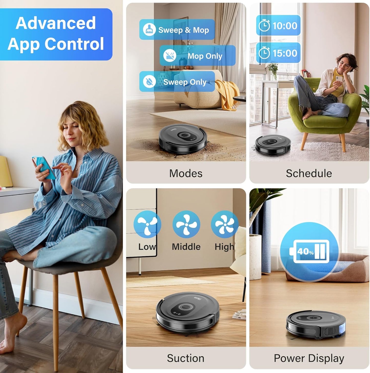 Tikom Robot Vacuum & Mop Combo - 5000Pa Powerful Cleaner with 150 Min Runtime | App & Remote Control for Hard Floors & Carpets