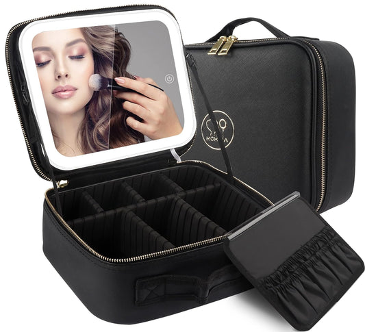 MOMIRA Travel Makeup Bag - Lighted Mirror with Adjustable Brightness | Waterproof Organizer - Black