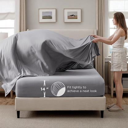 Bedsure Queen Comforter Set - Grey Pintuck Bed in a Bag | 7-Piece All-Season Bedding Set with Sheets & Pillowcases