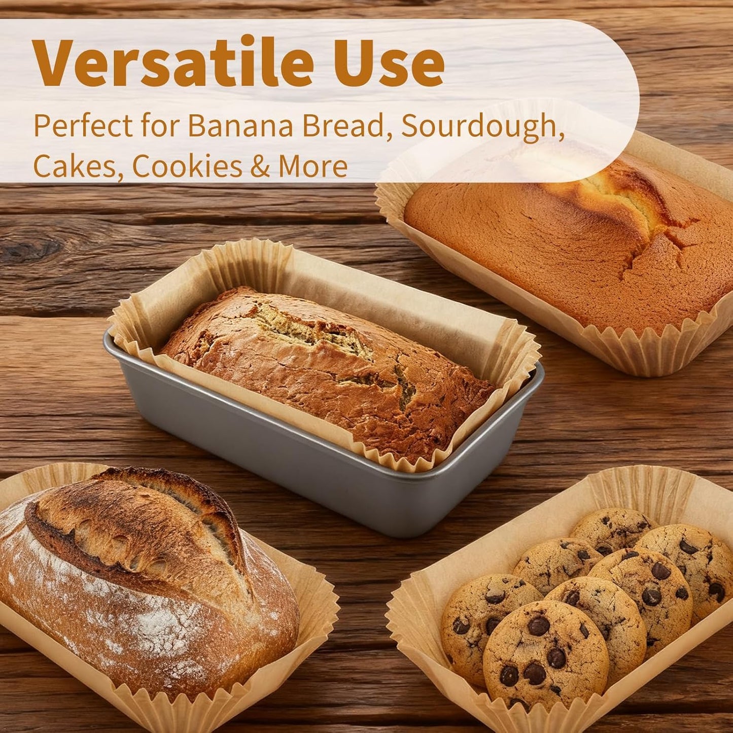 Skiennix 100 Pcs Disposable Loaf Pan Liners - Non-Stick Parchment for 9x5 Inch Baking | Ideal for Banana Bread, Cakes, Sourdough (Brown)