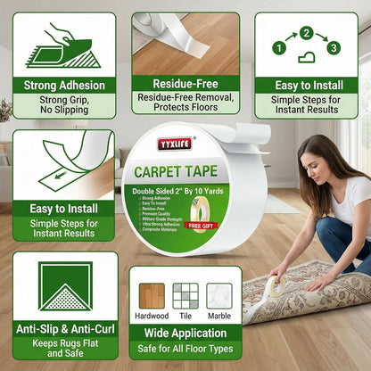 YYXLIFE Double-Sided Rug Tape | Strong Adhesive for Hardwood Floors - Non-Slip, No Residue, 2" x 10 Yards, White