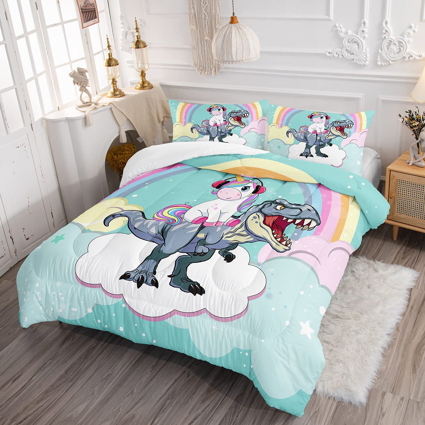 Unicorn Comforter Set 3Pcs Cartoon Dinosaur Kids Bedding Set Rainbow Cloudy Star Bed Set with 1 Comforter and 2 Pillowcases