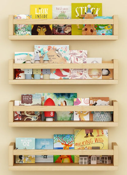 Onlysky Set of 4 Wall-Mounted Kid's Bookshelf - Wood Floating Nursery Book Shelves - Durable Wood Construction - Ideal for Nursery Decor, Kids Room, Toy Storage