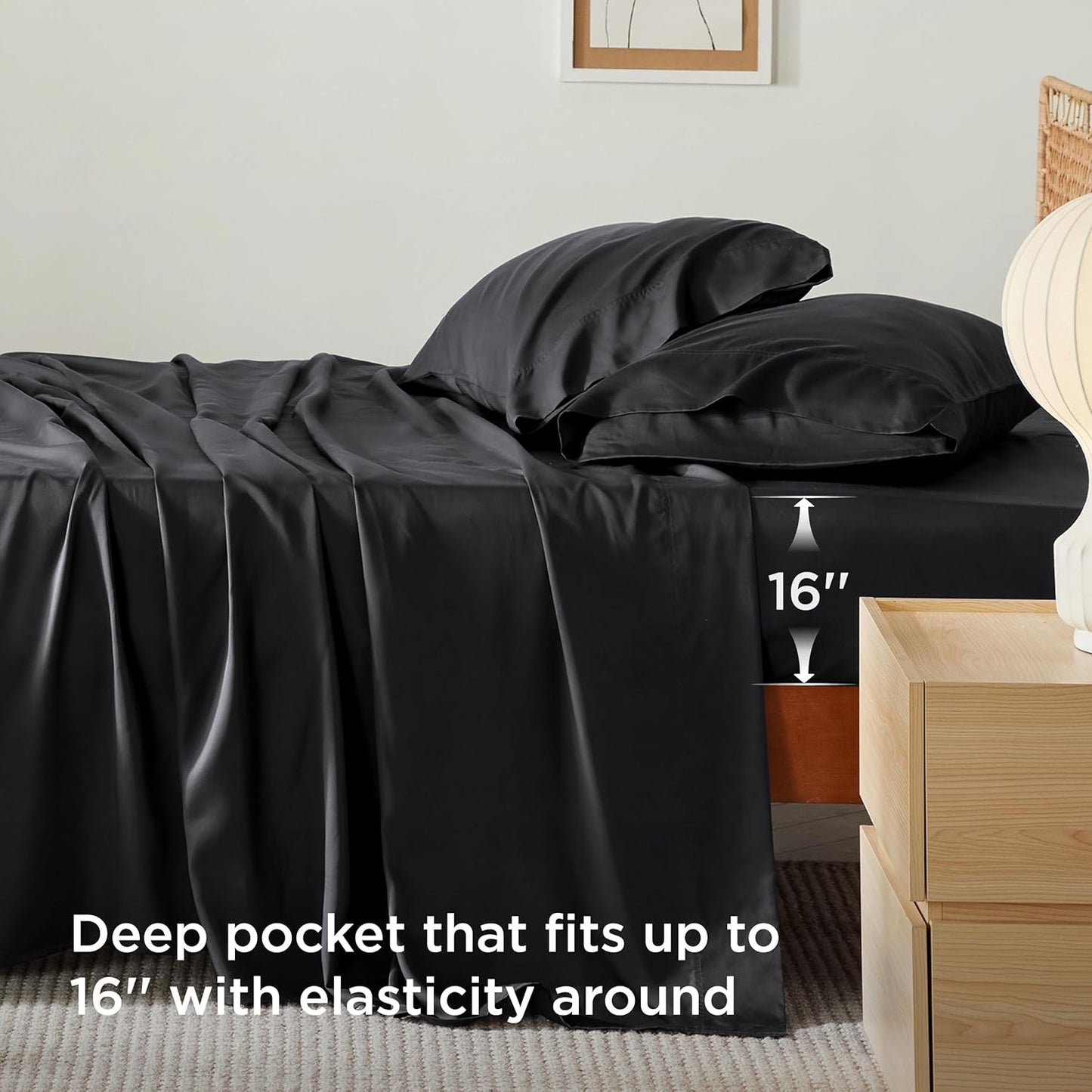 Bedsure Cooling Sheets - Twin XL Bamboo Rayon, Breathable & Soft, Deep Pocket Up to 16 Inches, Black