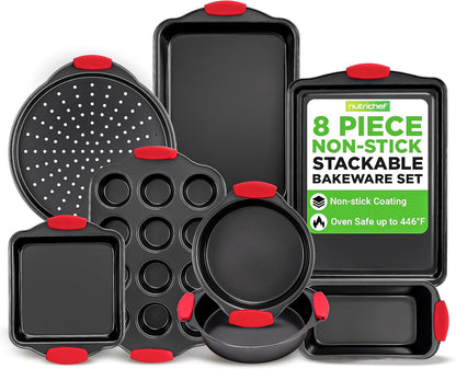 NutriChef Non-Stick Baking Pans Set - Deluxe Commercial Grade Bakeware with Red Silicone Handles | 8 Pieces, Stylish Gray Coating