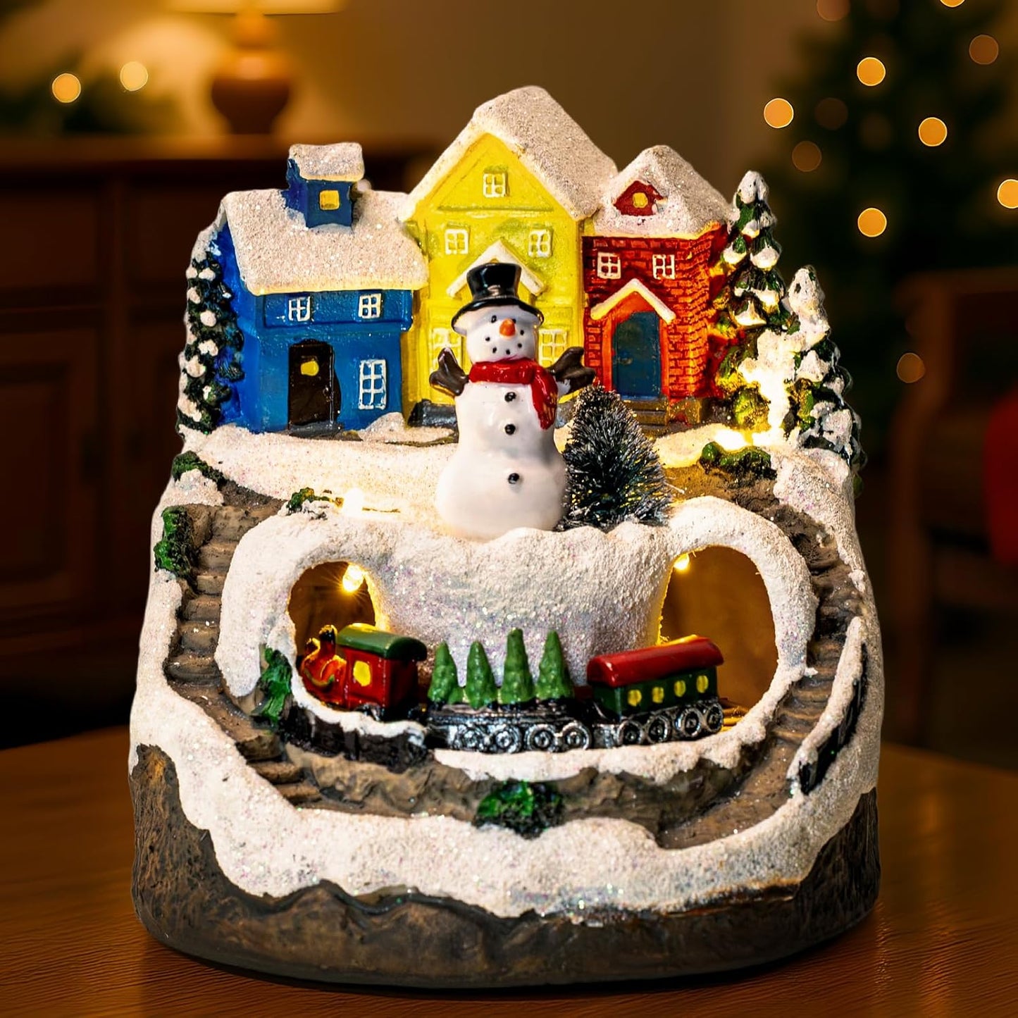 ZQQLITE Animated Musical Christmas Snowman Village - Lighted Figurines with Rotating Train for Home Decor