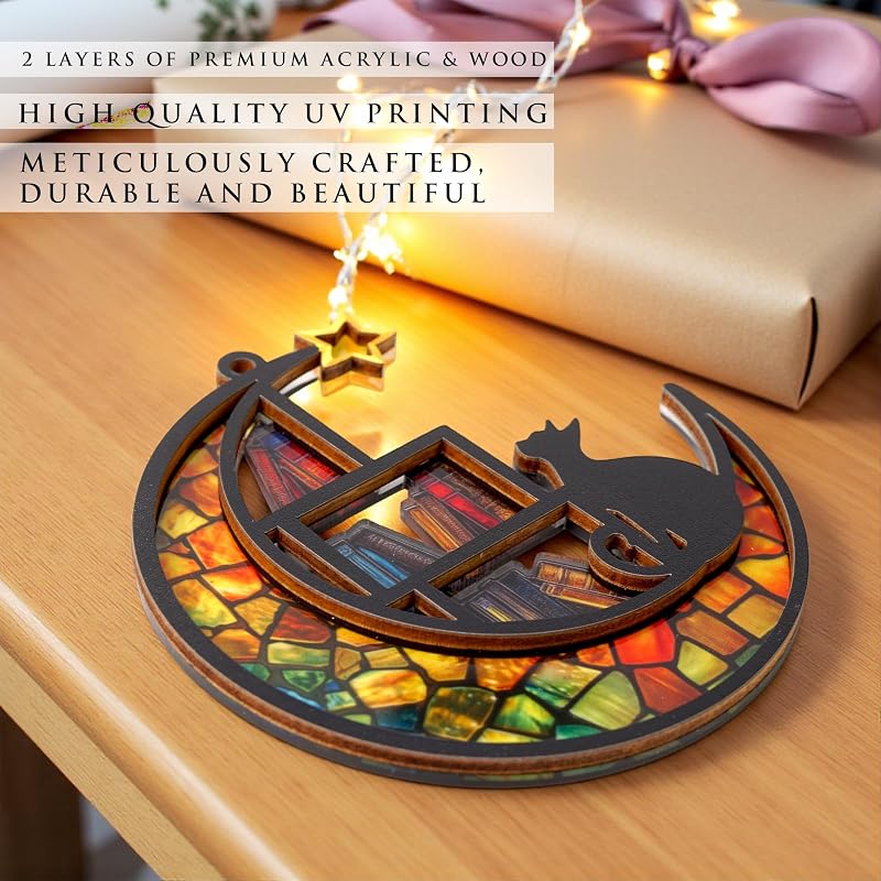 Moon Book Ornament – Stained-Glass Wood & Acrylic Cat & Book Holiday Decoration (Variation: Moon Book)