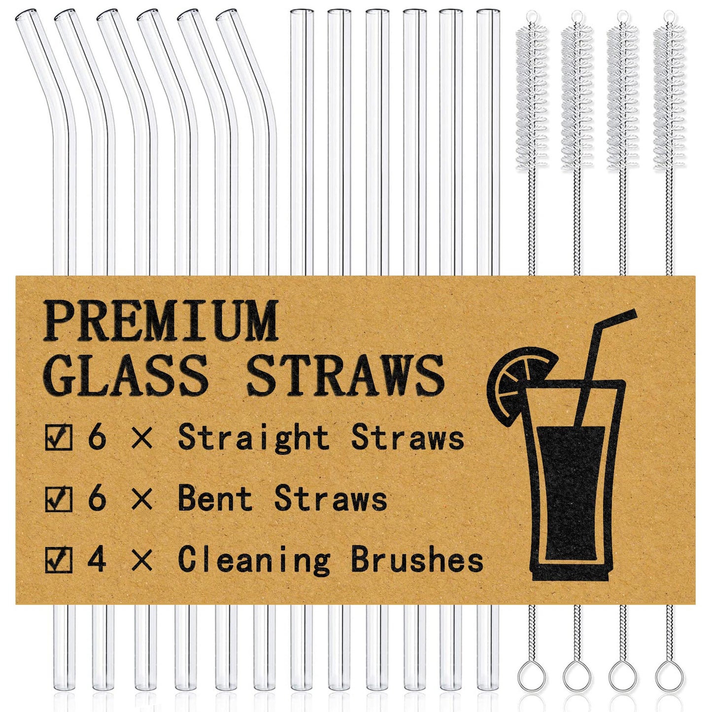 Piteno® 16-Pack Reusable Glass Straws, Clear Glass Drinking Straws, 8.5''x10MM, Set of 6 Straight and 6 Bent with 4 Cleaning Brushes, Perfect for Smoothies, Milkshakes, Juice, Tea