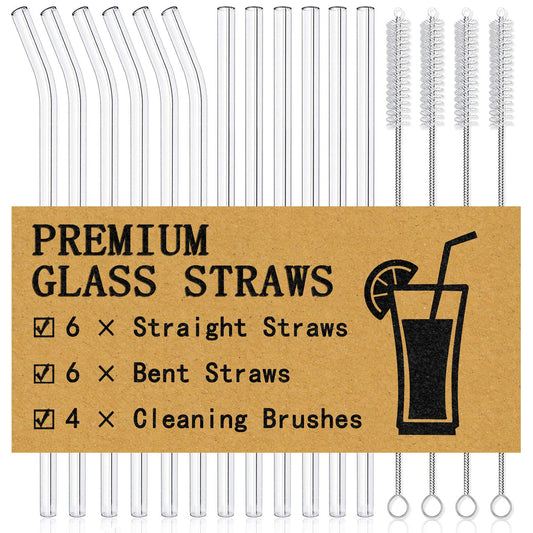 Piteno® 16-Pack Reusable Glass Straws, Clear Glass Drinking Straws, 10''x10MM, Set of 6 Straight and 6 Bent with 4 Cleaning Brushes, Perfect for Smoothies, Milkshakes, Juice, Tea