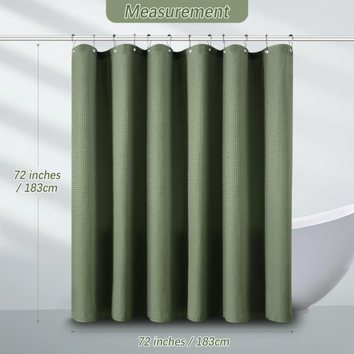 PANGSINNE Sage Green Shower Curtain - Waffle Weave Fabric Heavy Duty for Bathroom, Water Repellent Weighted 256GSM Hotel Quality Machine Washable Bath Curtains with 12 Hooks, 72Wx72H