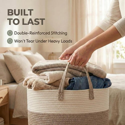 JMvicyroam 65L Extra Large Blanket Basket - Woven Cotton Rope Laundry Hamper with Handles | Machine Washable, White & Brown