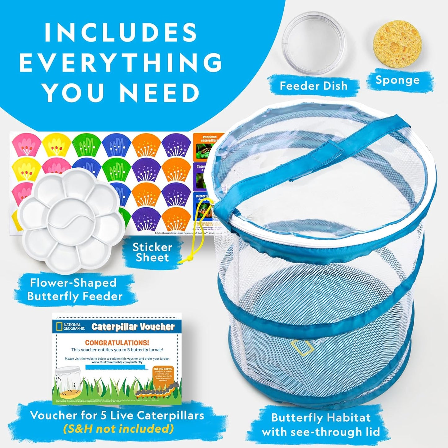 National Geographic Butterfly Growing Kit - Complete Habitat with 5 Caterpillars Voucher | Perfect Easter Gift for Kids