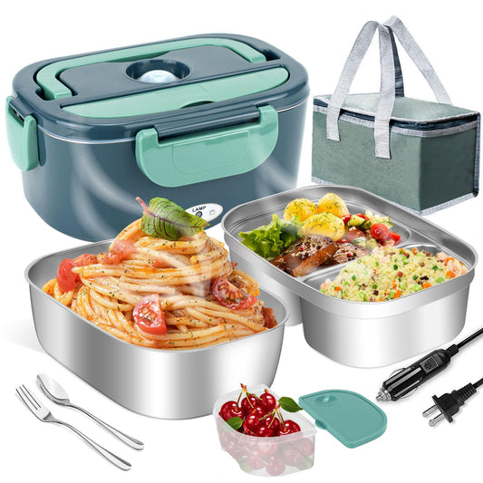 LAVAED Food Heater Electric Lunch Box for Adults 80W Fast Heating 2 in 1 Portable Heated Lunchbox Warmer for Car/Truck/Office/Outdoor, BPA Free