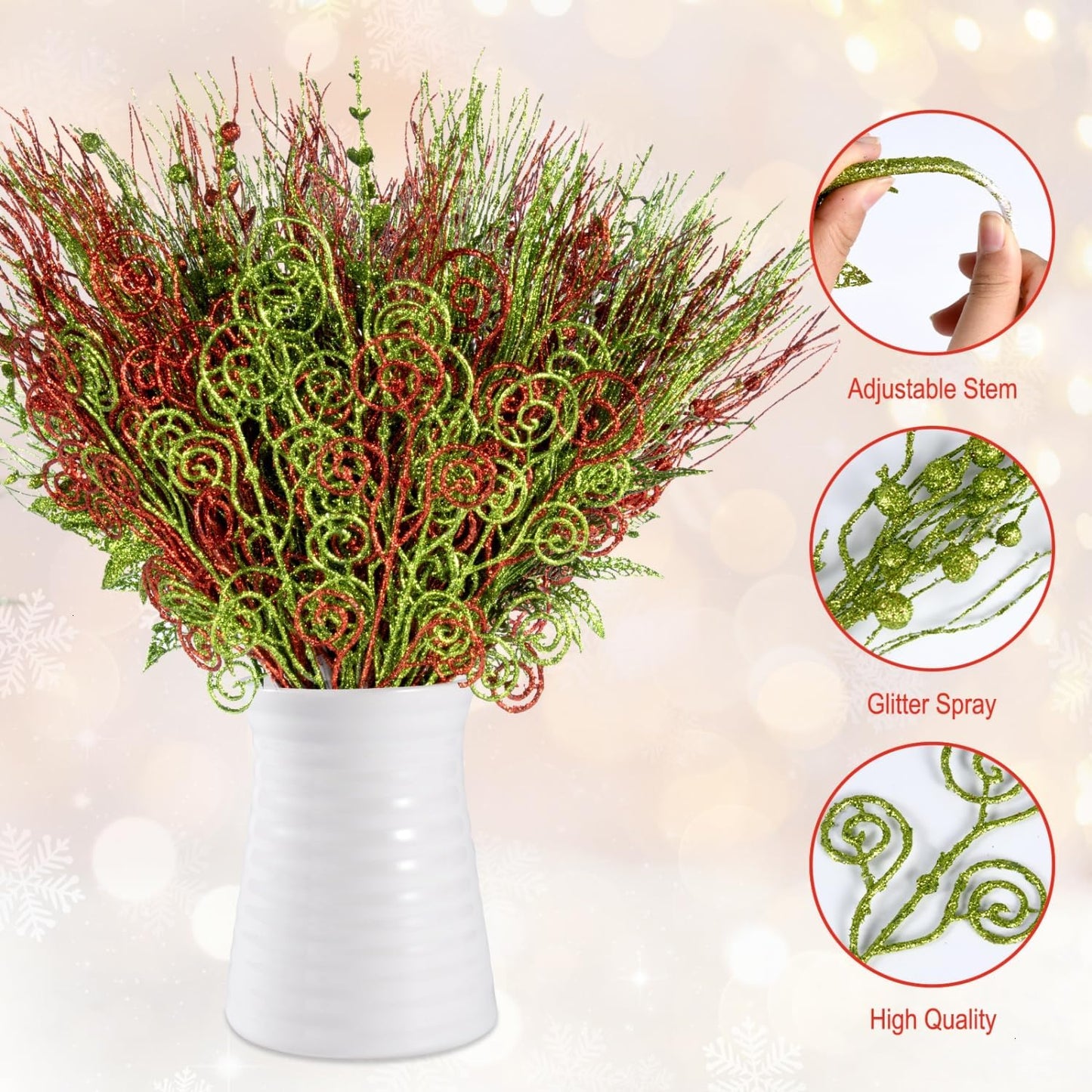 Regine Switzerland Glitter Christmas Tree Picks - 48 Pack 17'' Red & Green Curly Decorations for Holiday Decor