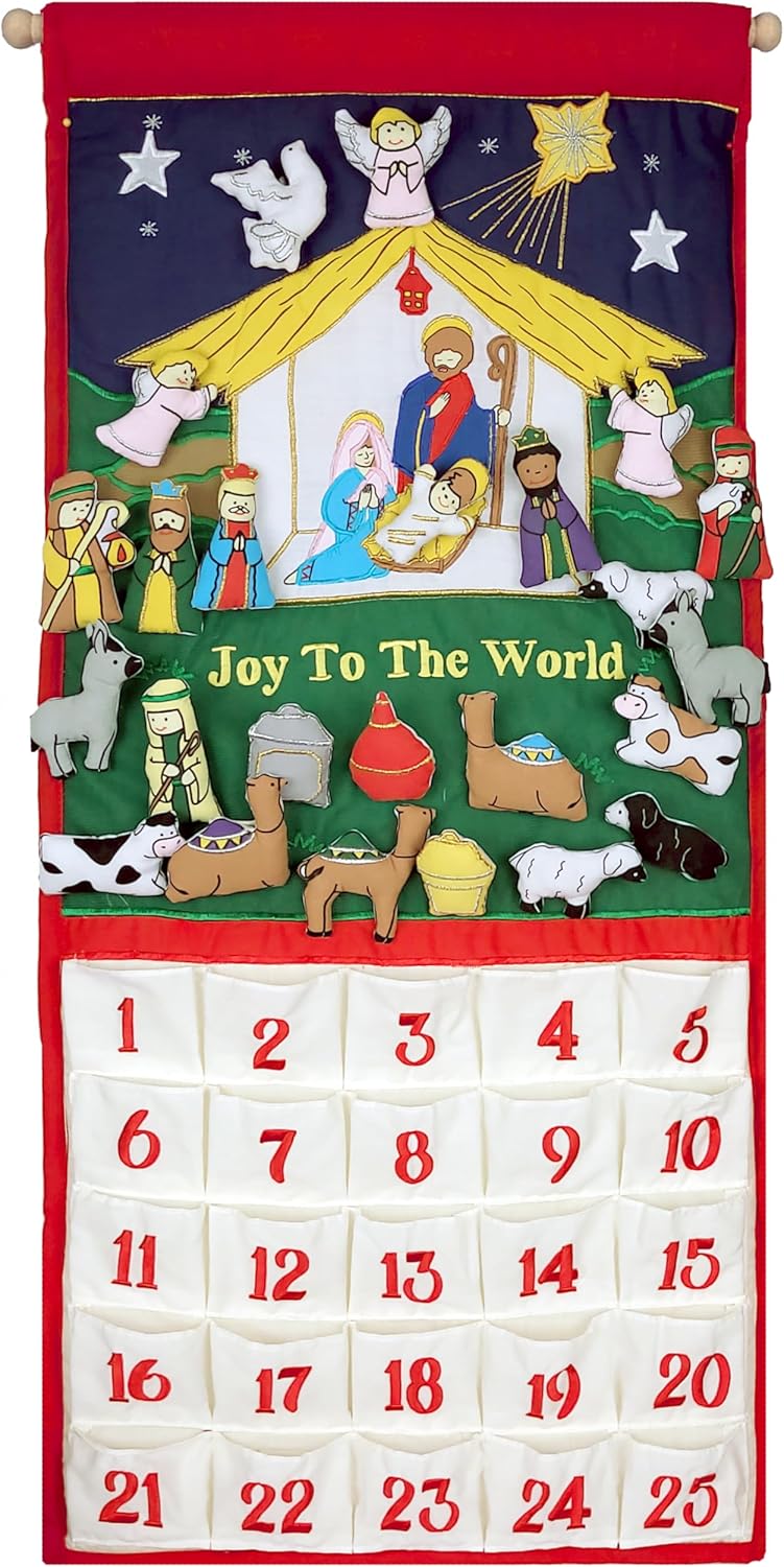 Pockets of Learning Joy To The World Nativity Advent Calendar - Festive Fabric Countdown Wall Hanging