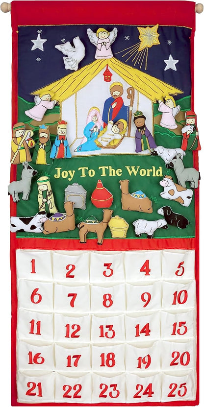 Pockets of Learning Joy To The World Nativity Advent Calendar - Festive Fabric Countdown Wall Hanging