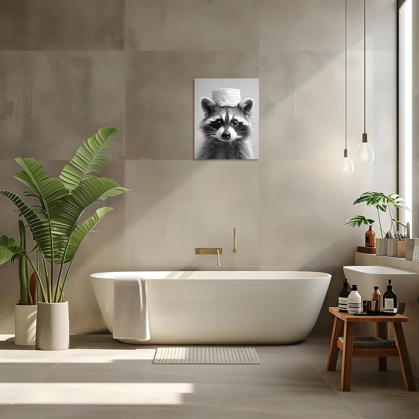 Raccoon Bathroom Wall Art - Funny Animal Canvas Print | Black & White Toilet Paper Decor | 8x10 Inch Framed