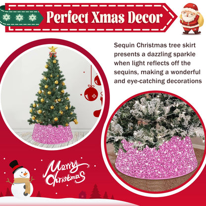 ROMANKAS Christmas Tree Collar Pink Sequin Christmas Tree Base Cover 23.6 Inch Glitter Tree Skirt Metallic Christmas Tree Collars Bling Xmas Tree Collar for Home Party Xmas Tree Decoration