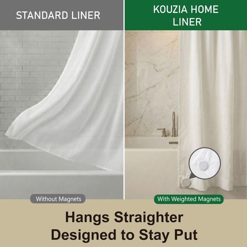 Kouzia Home Waterproof Fabric Shower Curtain Liner, TPU Coated, PEVA-Free & Odorless, Hotel Quality, 3 Magnets, Rust-Proof Metal Grommets, Machine Washable, White, 72x72 Inch