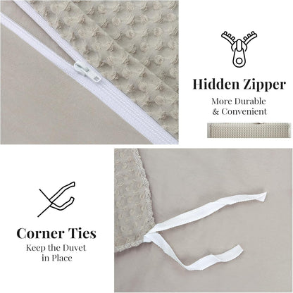 WARMDERN Waffle Weave Duvet Cover Set - Soft & Breathable Queen Size Microfiber Bedding in Khaki | 3 Pieces