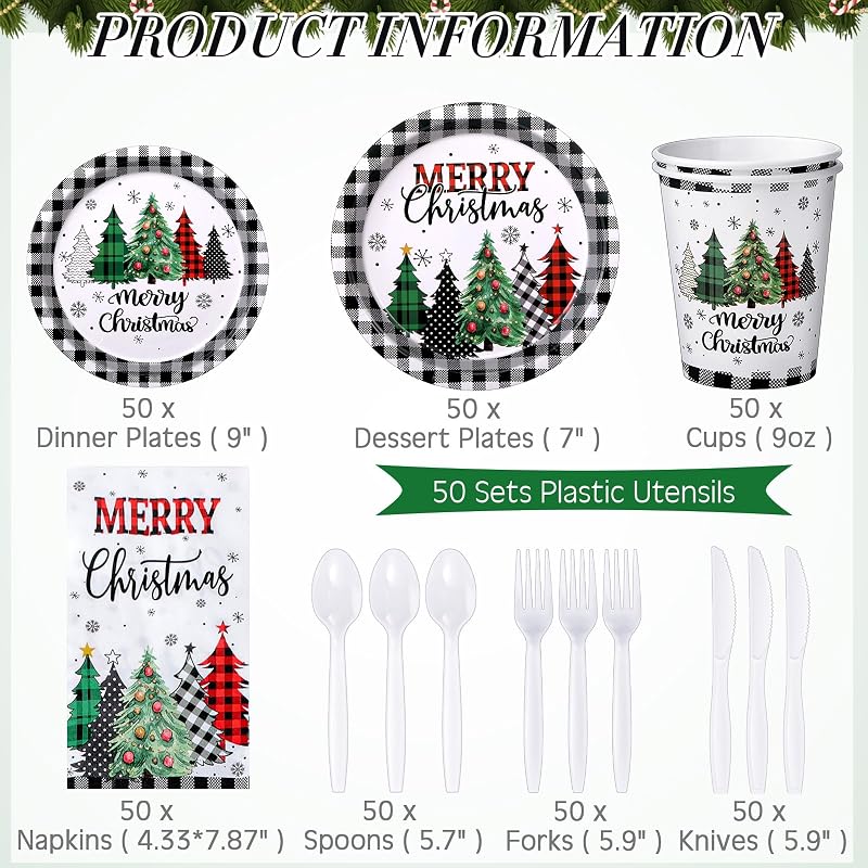 Buffalo Plaid Christmas Party Supplies Set - 352 Pcs Disposable Tableware