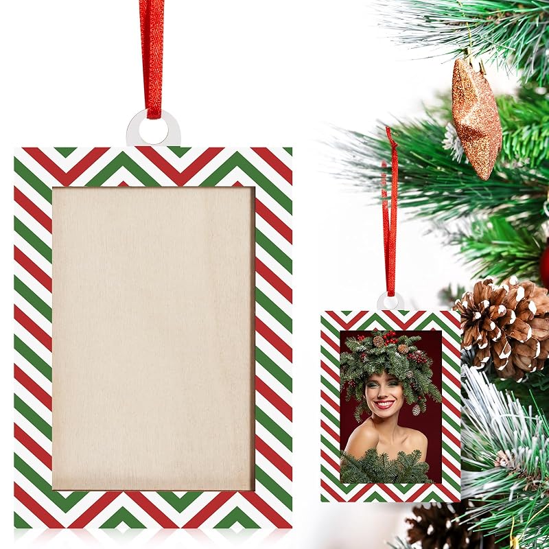 4 x 6 Inch Christmas Photo Frame - Striped Wooden Tabletop Ornament (Variation: Christmas Striped)