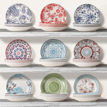 Artena Pasta Bowls Set of 4 - 26oz Porcelain Salad & Serving Bowls | 8-Inch Colorful Dinner Plates, Microwave & Oven Safe, Red Rose